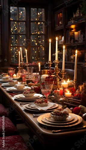 Luxury christmas table with candles and decorations in the dark