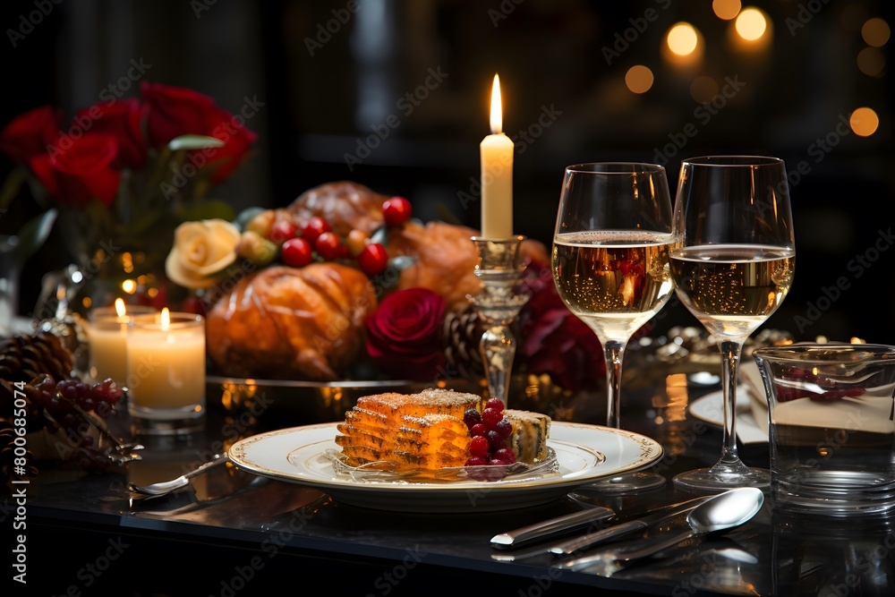 Festive table setting for Christmas or New Year dinner. Decorated with candles and glasses of wine