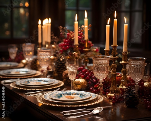 Christmas table setting with candles. Festive table decoration with candles and glassware.