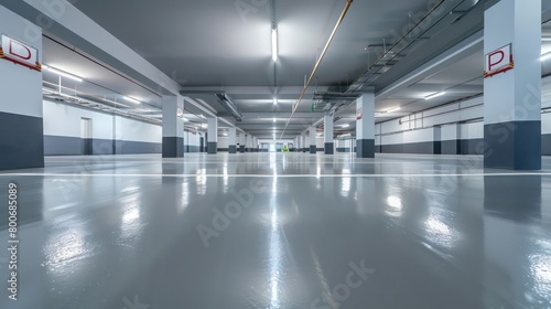 modern office parking  sleek gray epoxy surface  contemporary parking area
