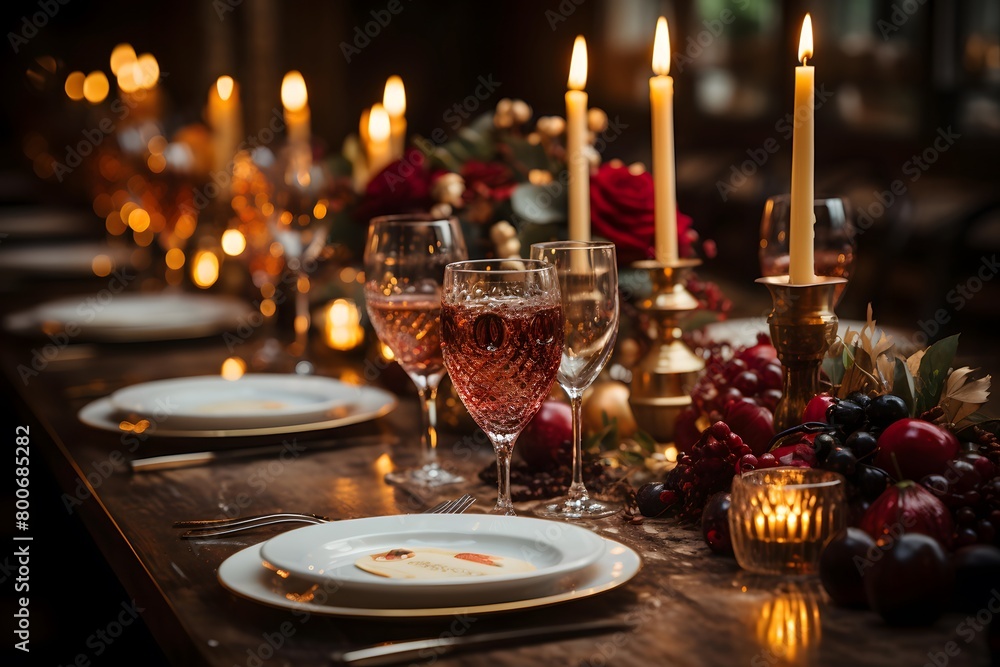 Luxury table setting with candles and glasses of rose wine.