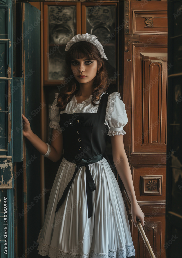 A young woman, wearing a French maid outfit and sporting thick makeup, stands in a vintage house.