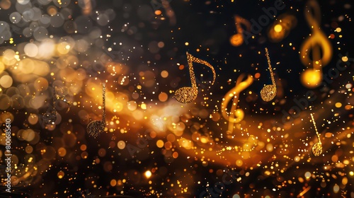 golden particles with musical notes, black background © Dekastro