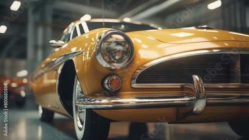 A yellow car is parked in a garage