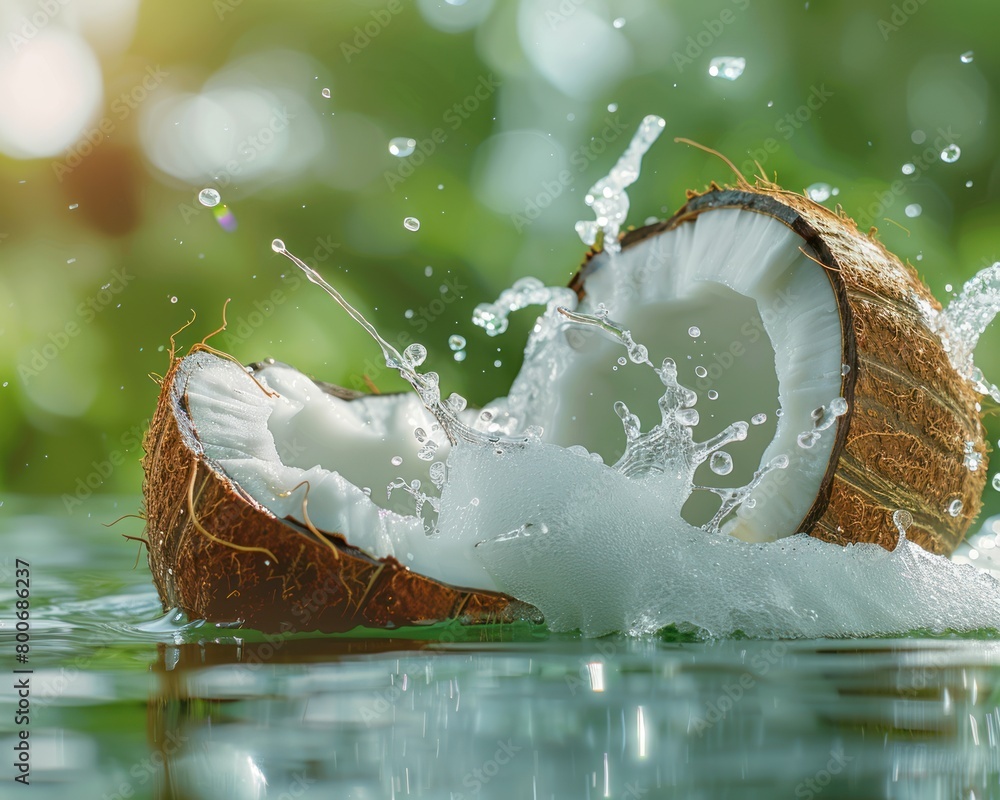Photo of a fresh coconut with water splash Photo of a fresh coconut with water splash