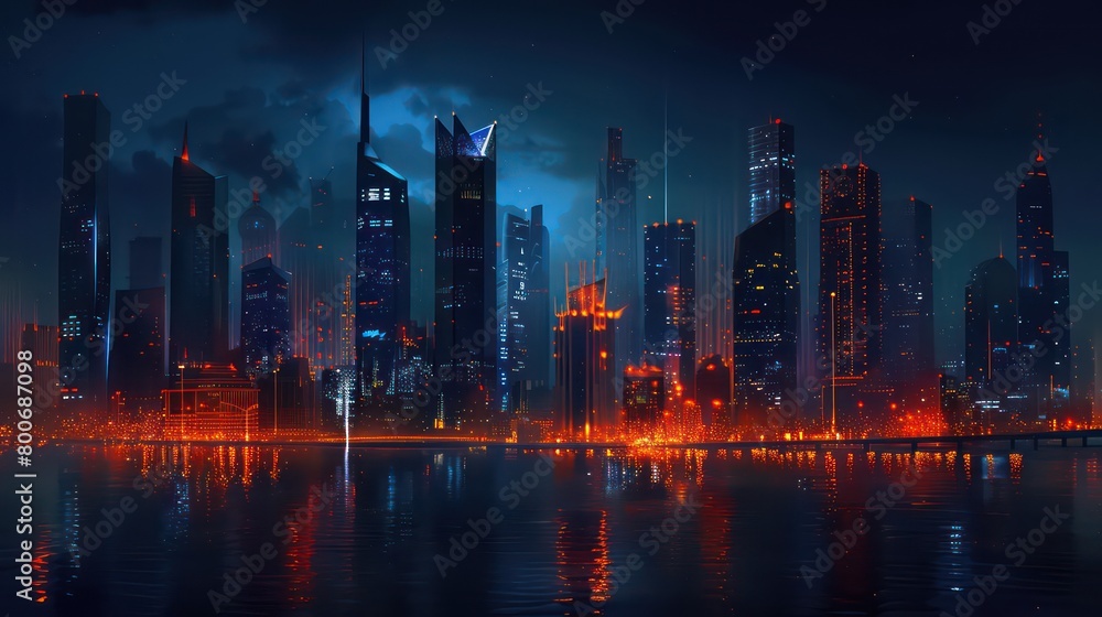 Fototapeta premium night city orange dark blue black urban skyline lights