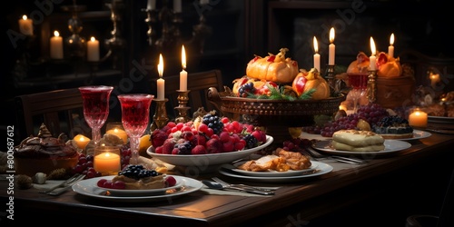 Festive table with a variety of food and drinks. Selective focus.