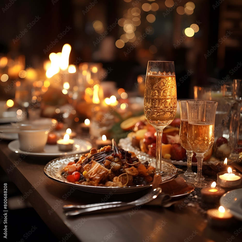 Restaurant table with food and glasses of wine in the evening