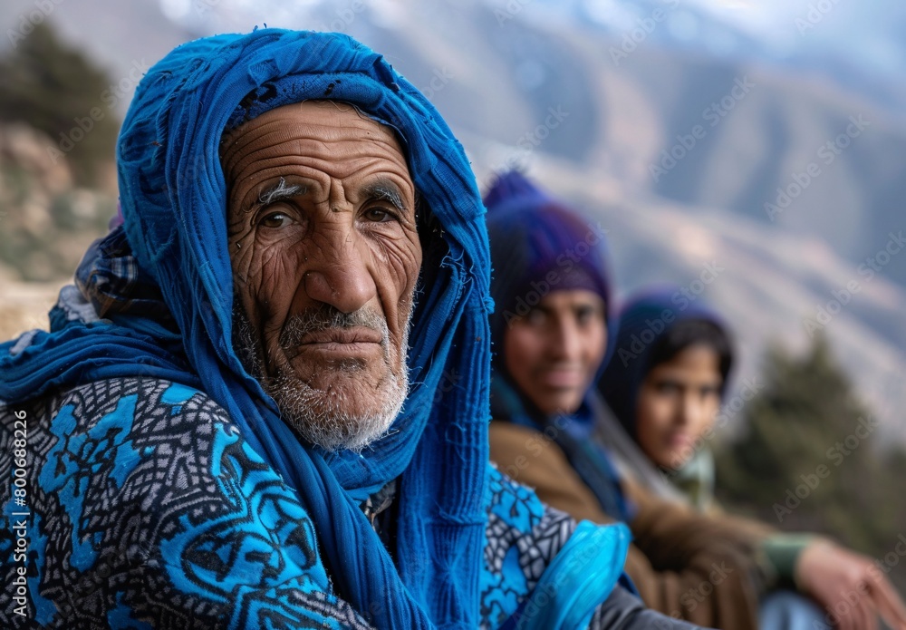 close-up portrait of an old moroccan man with blue scarf and turbant close-up portrait of an old moroccan man with blue scarf and turbant