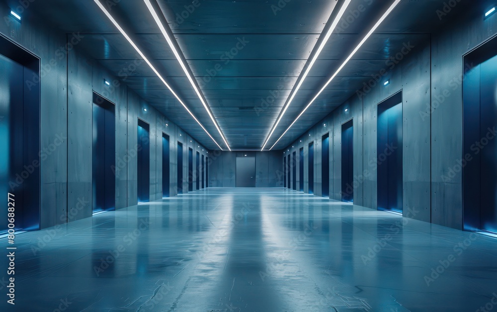 realistic warehouse with light blue glowing space realistic warehouse with light blue glowing space
