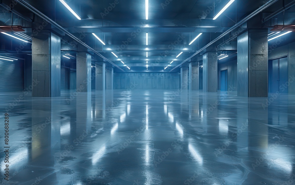 realistic warehouse with light blue glowing space realistic warehouse with light blue glowing space