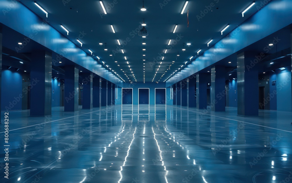 realistic warehouse with light blue glowing space realistic warehouse with light blue glowing space