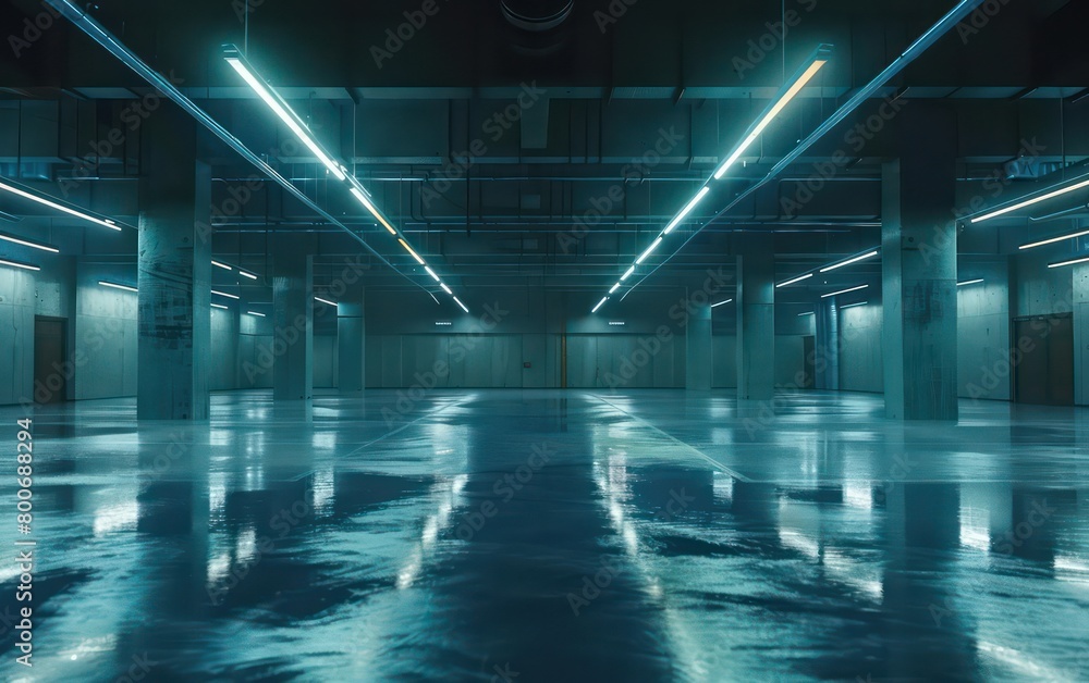 realistic warehouse with light blue glowing space realistic warehouse with light blue glowing space