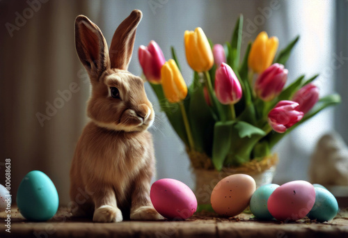 'fresh focus tulips selective easter Bouquet eggs bunny Flower Summer Nature Spring Beauty Holiday Pink Beautiful Egg Rabbit Season Decoration Romantic Tulip BasketEaster Bunny Flower Summer Nature' photo