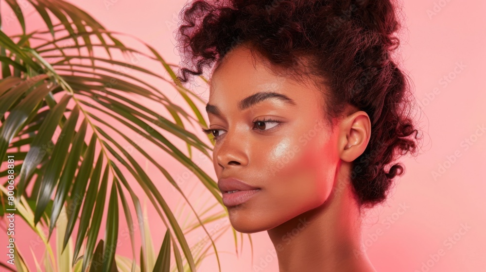 Serene Young Woman With Palm Frond on Pink Background Serene Young Woman With Palm Frond on Pink Background