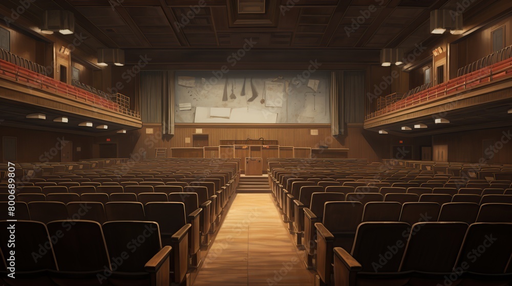 In a high school auditorium, the noise and laughter subsides as students sit down at their desks ready for class, creating an atmosphere of academic concentration In a high school auditorium, the noise and laughter subsides as students sit down at their desks ready for class, creating an atmosphere of academic concentration