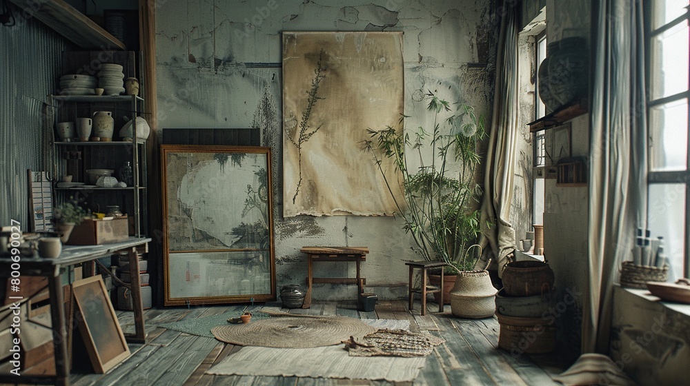 Interior design, an artistic Wabi-Sabi studio combining functionality with aesthetic imperfection, featuring handcrafted items and raw textures Interior design, an artistic Wabi-Sabi studio combining functionality with aesthetic imperfection, featuring handcrafted items and raw textures