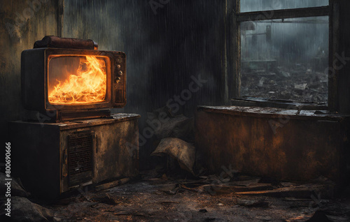 Cinematic postapocalypse free photo HD background, Old TV on the street at night with smoke Selective focus Generative AI

