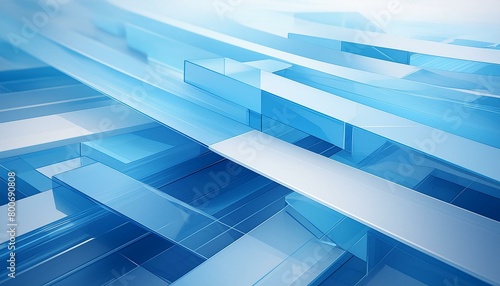 Layers of translucent geometric forms in a palette of cool blues and whites