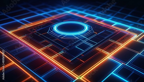 Intersecting circles and squares with bright neon outlines on a dark background, modern