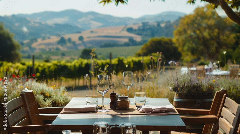 Obraz premium Blank mockup of an al fresco dining menu with a picturesque view of rolling hills in the background. .
