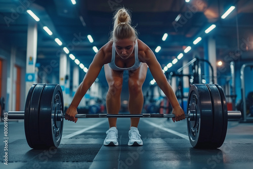 Strong muscular woman doing deadlifting