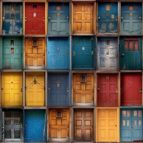 Colorful seamless collage showcasing a variety of vintage doors in multiple hues  symbolizing diversity and the unique stories behind them