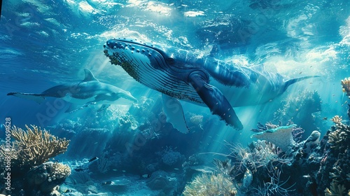 ocean, underwater atmosphere, coral, underwater plant, blue sea, several whales swimming inside, blue and white whales, hyperrealistic, photography © ren