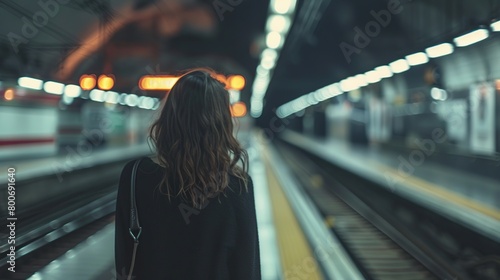 Back view of woman standing alone on platform in subway or on metro station