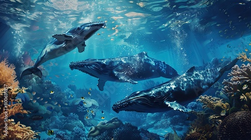 ocean, underwater atmosphere, coral, underwater plant, blue sea, several whales swimming inside, blue and white whales, hyperrealistic, photography