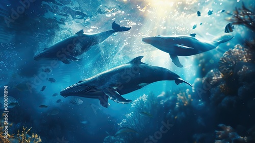 ocean, underwater atmosphere, coral, underwater plant, blue sea, several whales swimming inside, blue and white whales, hyperrealistic, photography © ren
