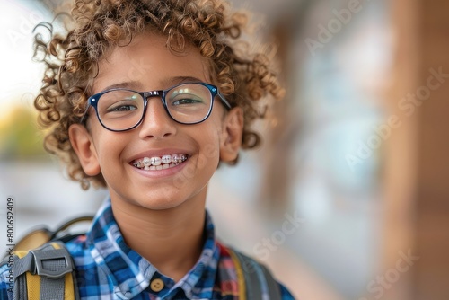 Closeup portrait of smiling smart curly haired school boy wearing braces on teeth looking at camera. Education concept photo