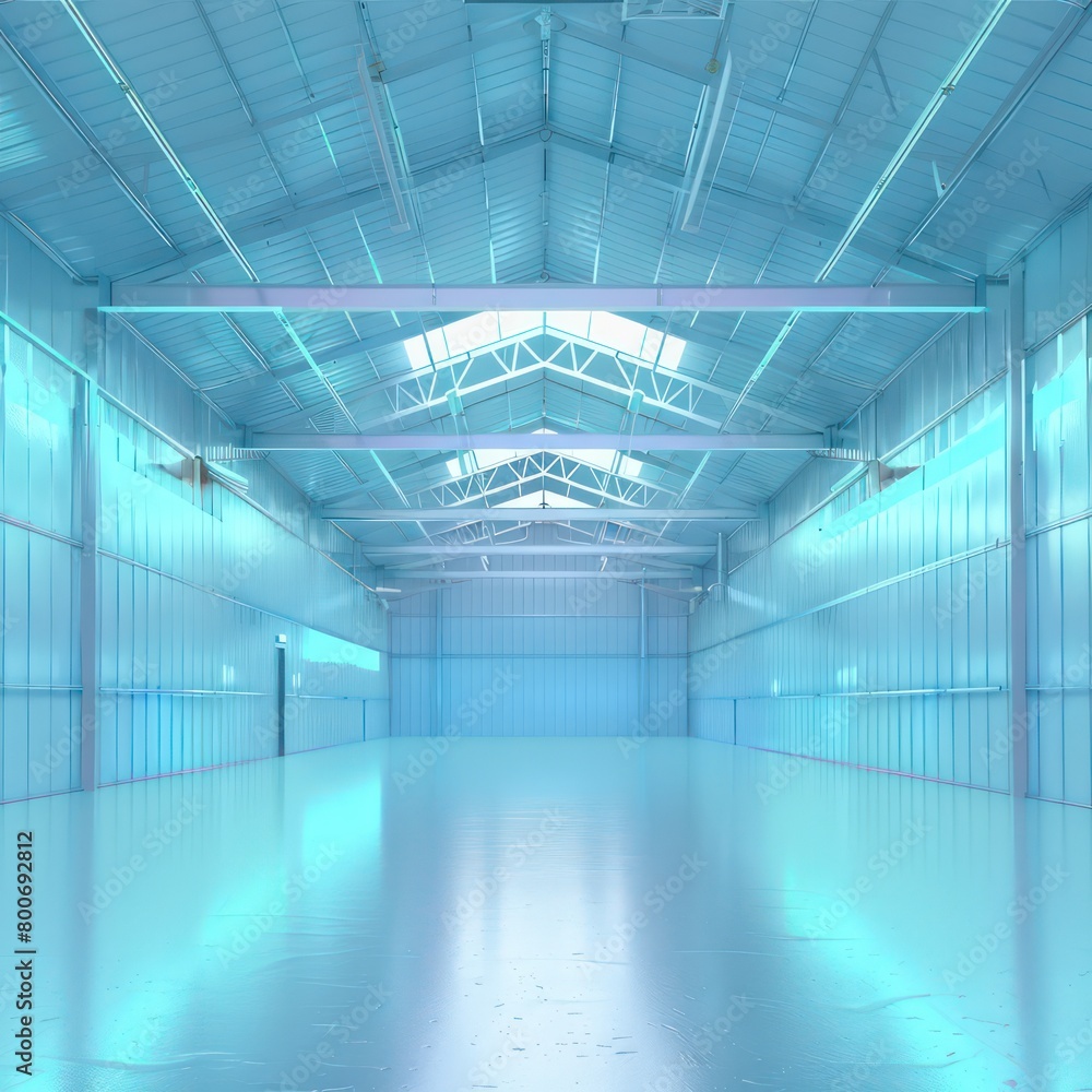 realistic warehouse with light blue glowing space