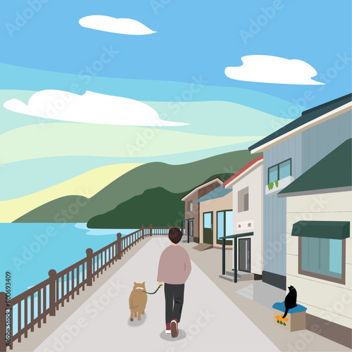 港町を犬と散歩する人