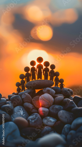 Little action figures holding hands on top of a stack of rocks: teamwork and diversity