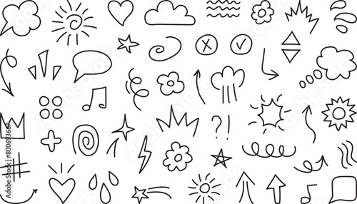 Cartoon line element, cute scribble, doodle arrow, sketch cloud icon, hand drawn star, text sticker, emoji movement symbol, simple expression mark. Editable stroke. Comic vector illustration © Sylfida