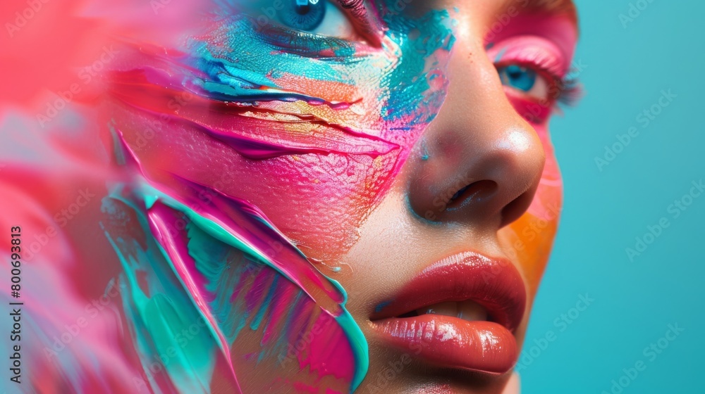 Obraz premium Woman With Colorful Makeup and Feathers on Face