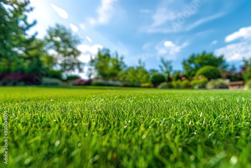 beautiful garden lawn with a large beautiful blue sky in the background © Dekastro