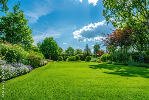 beautiful garden lawn with a large beautiful blue sky in the background