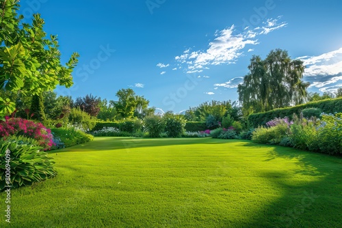 beautiful garden lawn with a large beautiful blue sky in the background