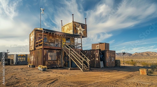 Old Western 'Rango' style sheriff's office made from repurposed space ships, cargo containers, and weathered wood,  photo
