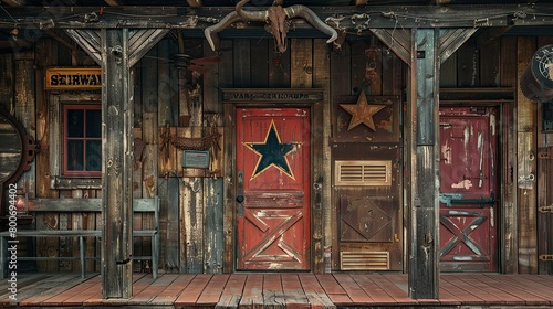 Old Western 'Rango' style sheriff's office made from repurposed space ships, cargo containers, and weathered wood,  photo