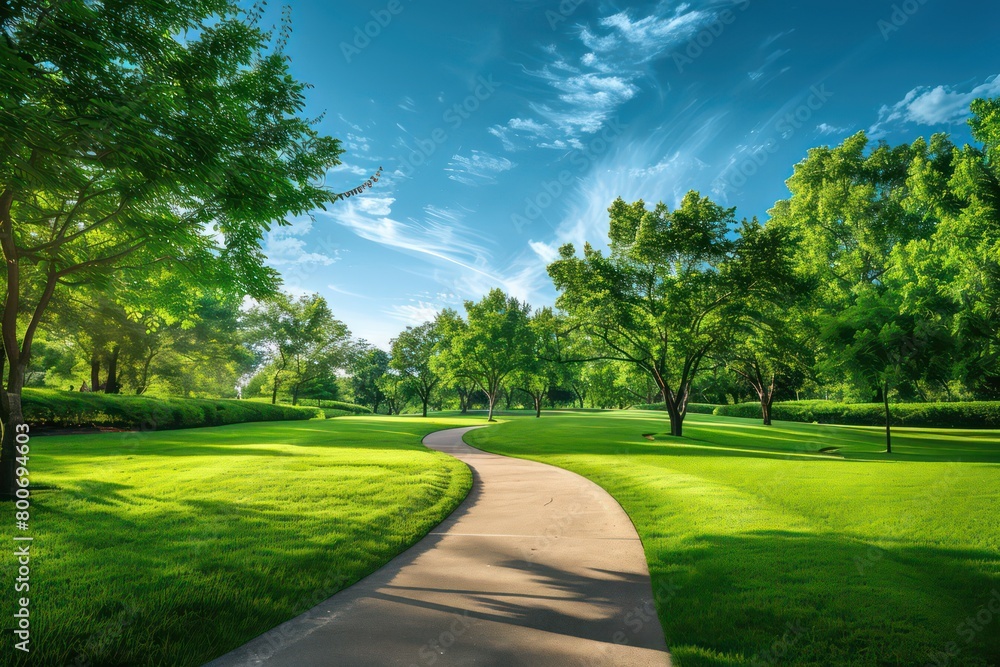 curving pathway in a park with vibrant green grass