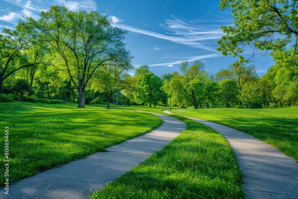 curving pathway in a park with vibrant green grass curving pathway in a park with vibrant green grass