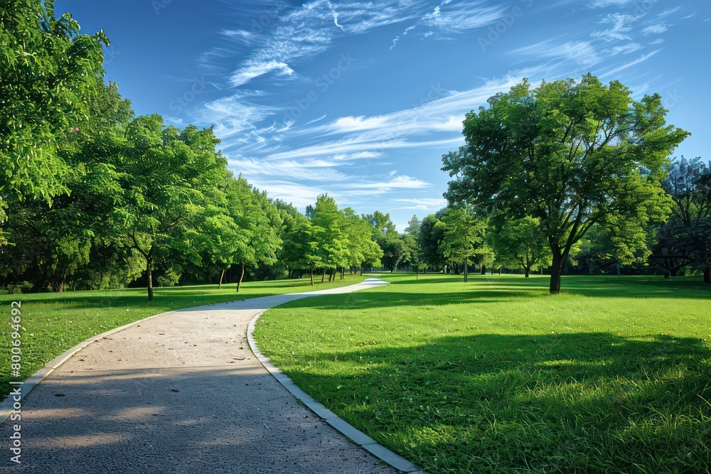curving pathway in a park with vibrant green grass