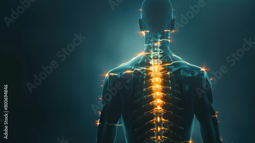 illuminated x-ray view of the human spine with light effects on a dark background