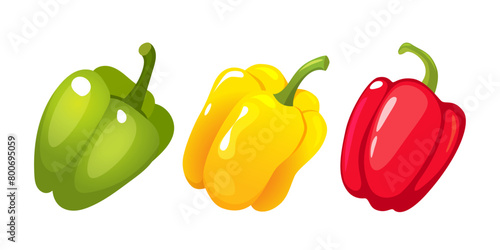 Fresh organic sweet red bell peppers in different colors isolated on white background. 
