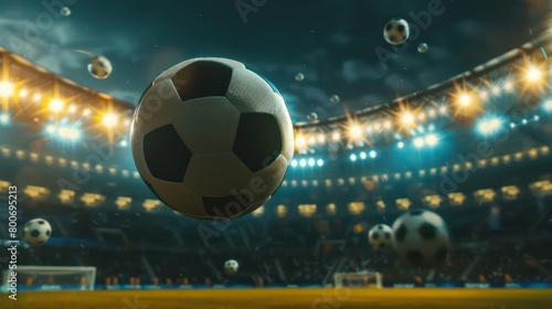 a soccer ball in closeup flying in the air on a big soccer field stadium © Dekastro