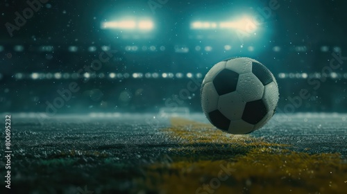 a soccer ball in closeup flying in the air on a big soccer field stadium