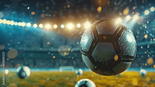 a soccer ball in closeup flying in the air on a big soccer field stadium photo